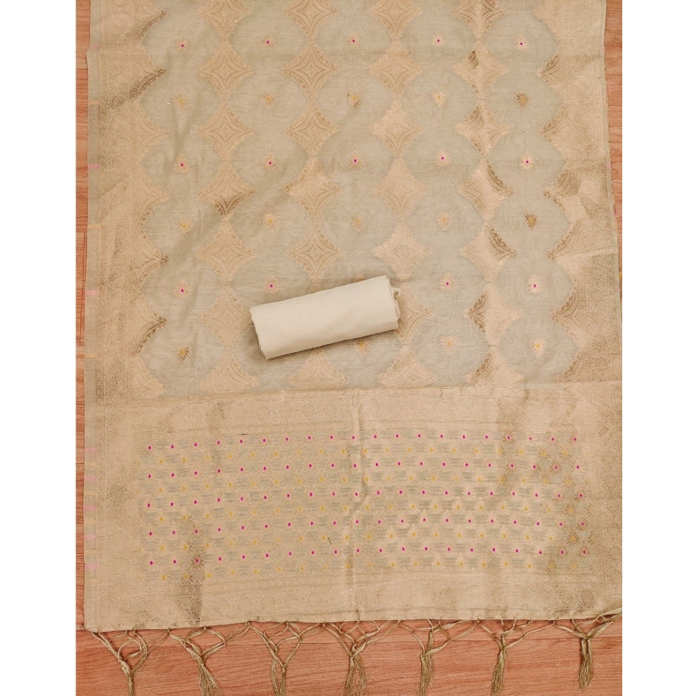 Generic Women's Banarasi Silk Printed Unstitched Salwar Suit Material With Dupatta (Cream, 3Mtrs)