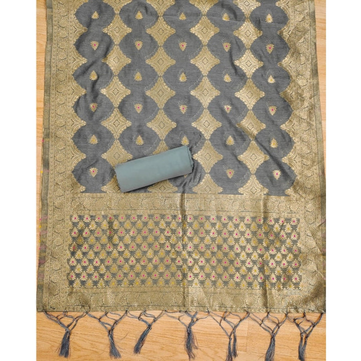 Generic Women's Banarasi Silk Printed Unstitched Salwar Suit Material With Dupatta (Grey, 3Mtrs)