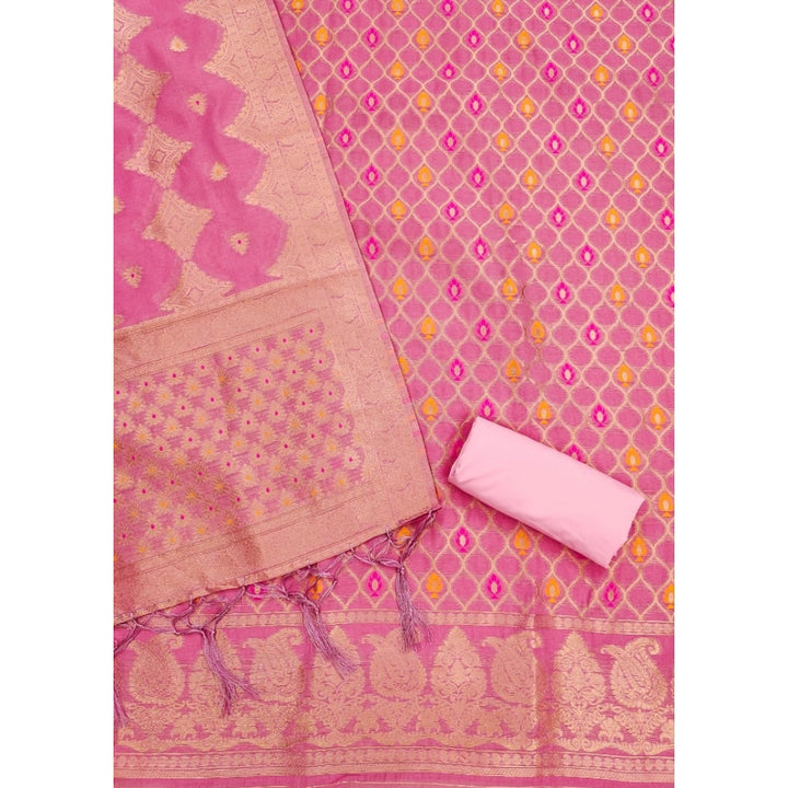 Generic Women's Banarasi Silk Printed Unstitched Salwar Suit Material With Dupatta (Pink, 3Mtrs)