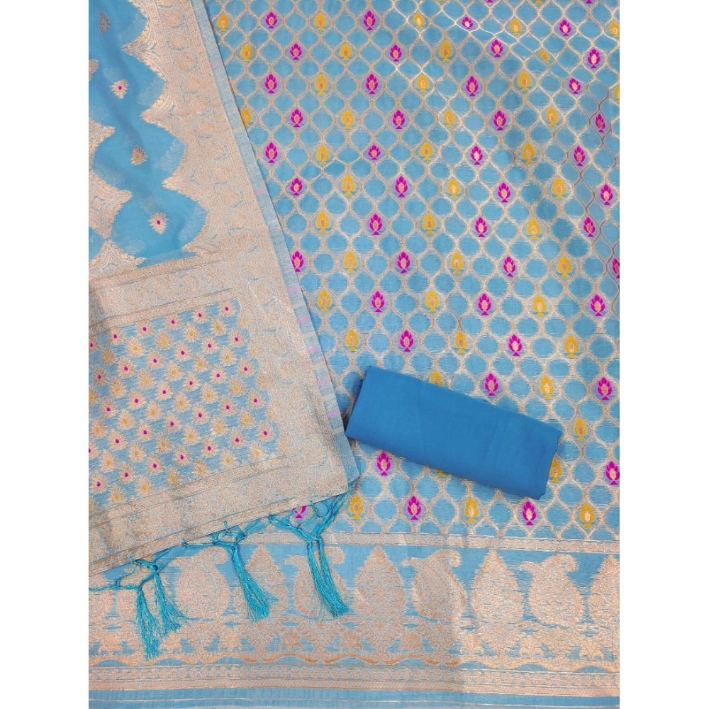 Generic Women's Banarasi Silk Printed Unstitched Salwar Suit Material With Dupatta (Sky Blue, 3Mtrs)