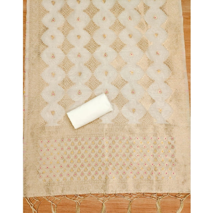 Generic Women's Banarasi Silk Printed Unstitched Salwar Suit Material With Dupatta (White, 3Mtrs)