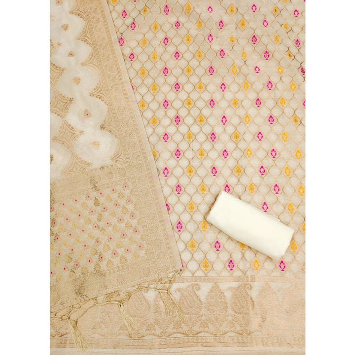 Generic Women's Banarasi Silk Printed Unstitched Salwar Suit Material With Dupatta (White, 3Mtrs)