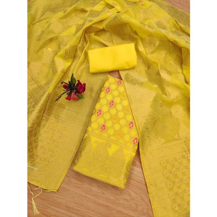 Generic Women's Banarasi Silk Printed Unstitched Salwar Suit Material With Dupatta (Yellow, 3Mtrs)