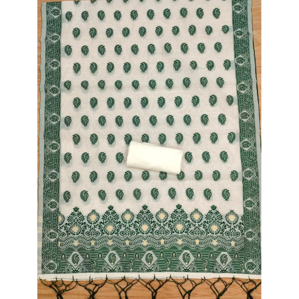 Generic Women's Banarasi Silk Printed Unstitched Salwar Suit Material With Dupatta (Bottle Green, 3Mtrs)