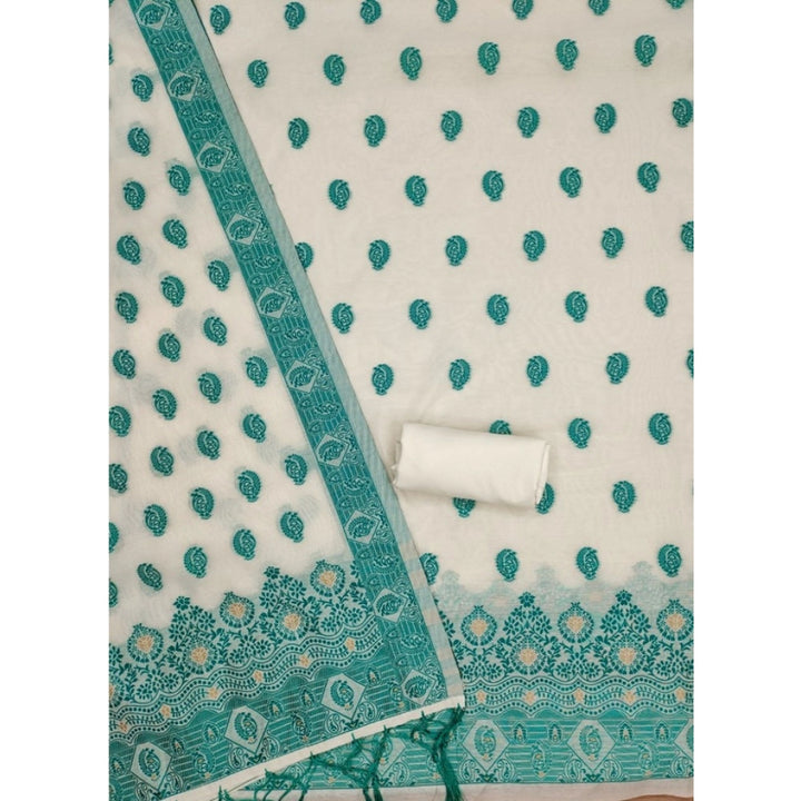 Generic Women's Banarasi Silk Printed Unstitched Salwar Suit Material With Dupatta (Teal, 3Mtrs)