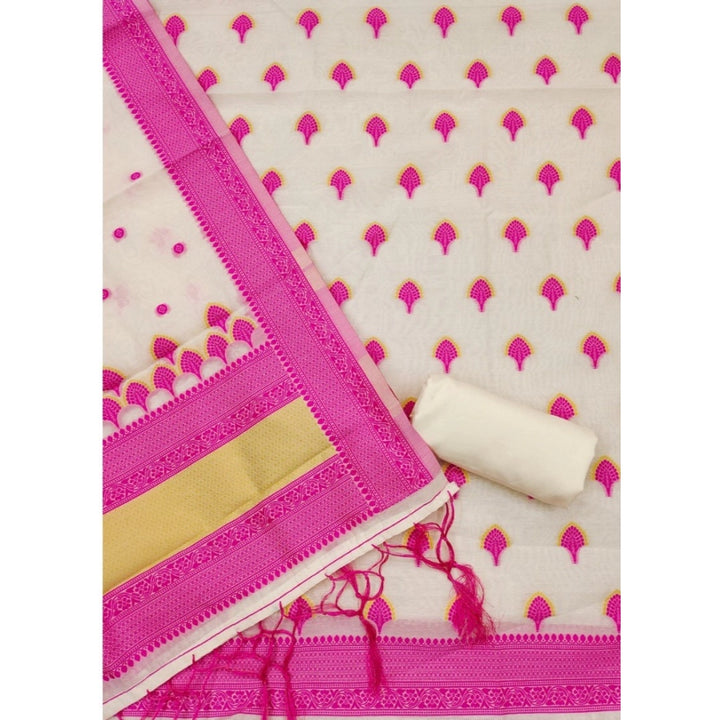 Generic Women's Banarasi Silk Printed Unstitched Salwar Suit Material With Dupatta (Pink, 3Mtrs)