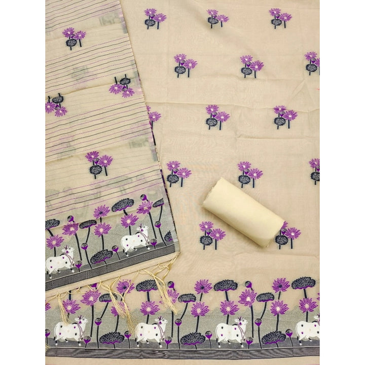 Generic Women's Banarasi Silk Printed Unstitched Salwar Suit Material With Dupatta (Cream, 3Mtrs)