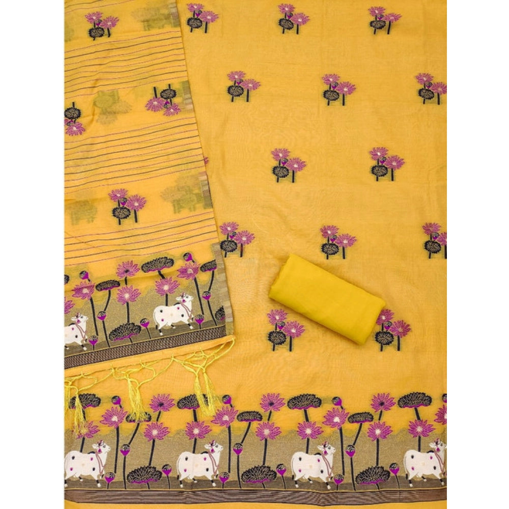 Generic Women's Banarasi Silk Printed Unstitched Salwar Suit Material With Dupatta (Yellow, 3Mtrs)