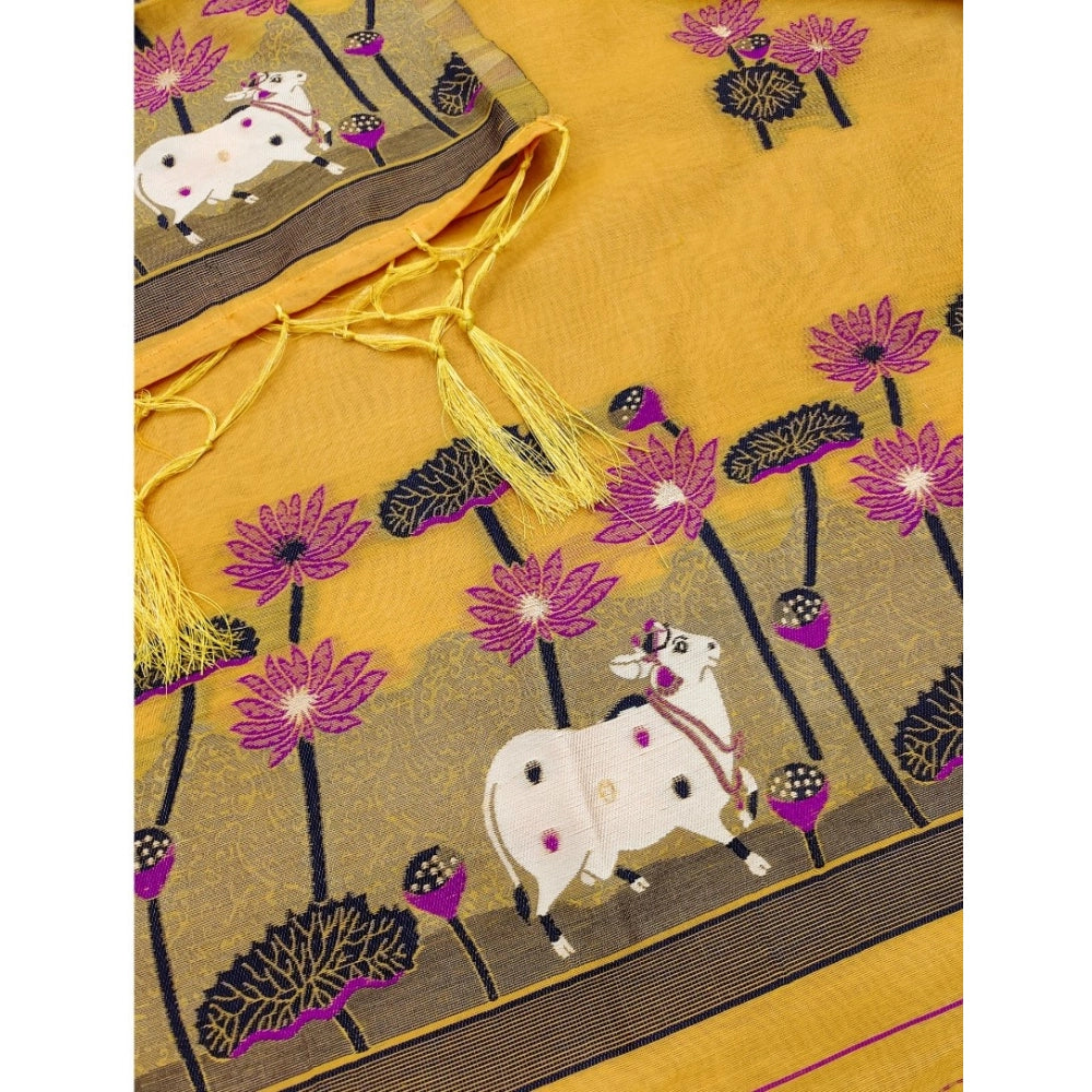 Generic Women's Banarasi Silk Printed Unstitched Salwar Suit Material With Dupatta (Yellow, 3Mtrs)