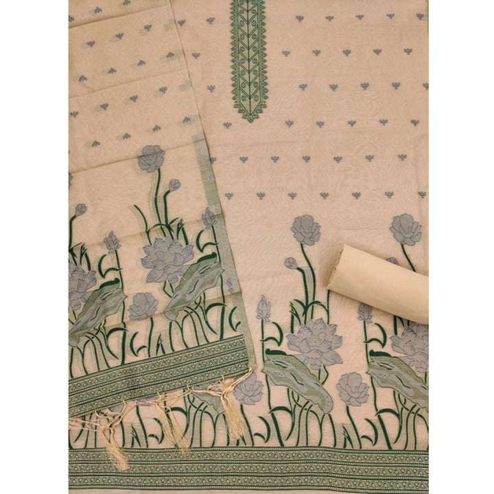 Generic Women's Banarasi Silk Printed Unstitched Salwar Suit Material With Dupatta (Cream, 3Mtrs)