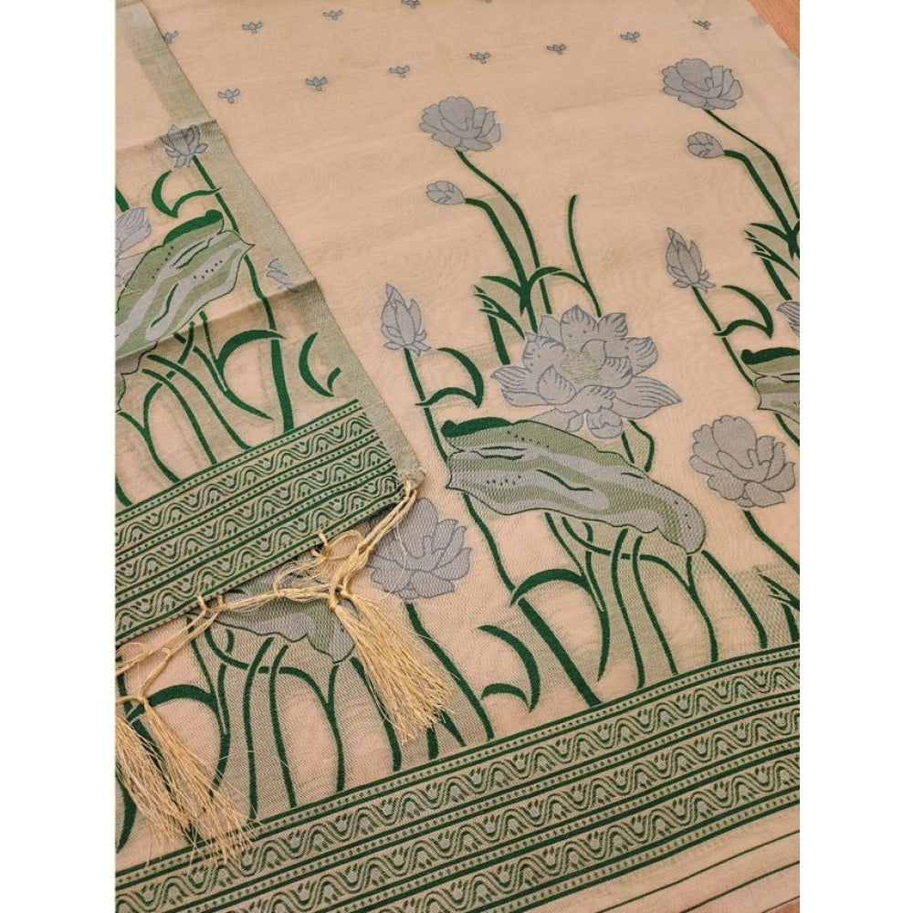 Generic Women's Banarasi Silk Printed Unstitched Salwar Suit Material With Dupatta (Cream, 3Mtrs)