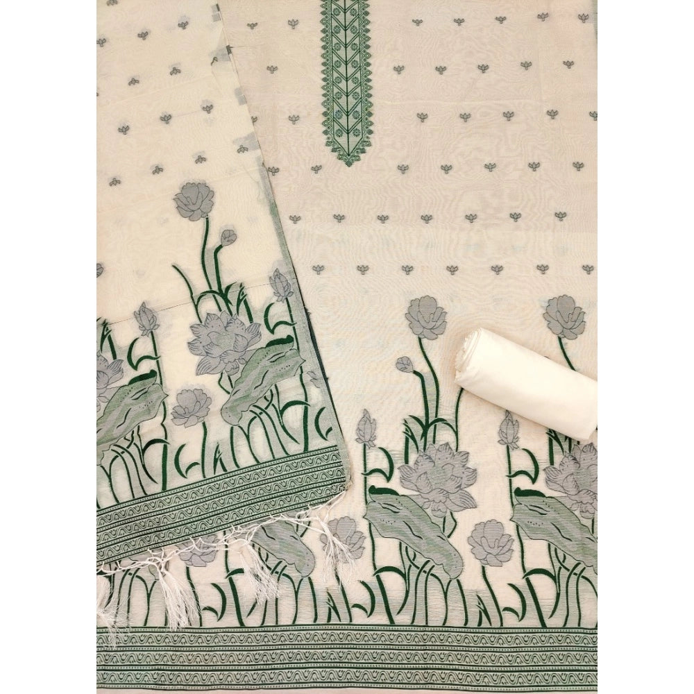 Generic Women's Banarasi Silk Printed Unstitched Salwar Suit Material With Dupatta (OffWhite, 3Mtrs)