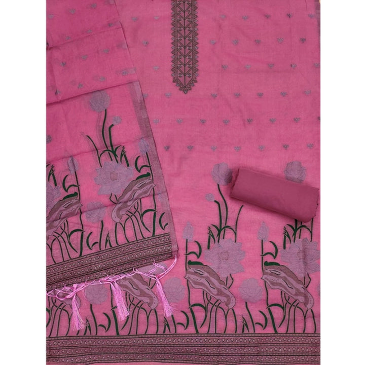 Generic Women's Banarasi Silk Printed Unstitched Salwar Suit Material With Dupatta (Pink, 3Mtrs)
