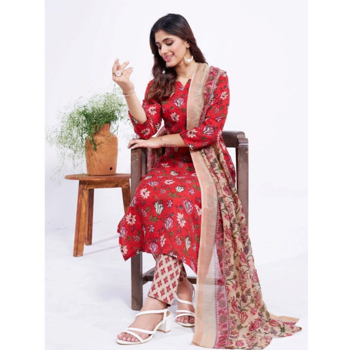 Generic Women's Cotton Blend Printed Kurti With Pant Dupatta Set (Red)