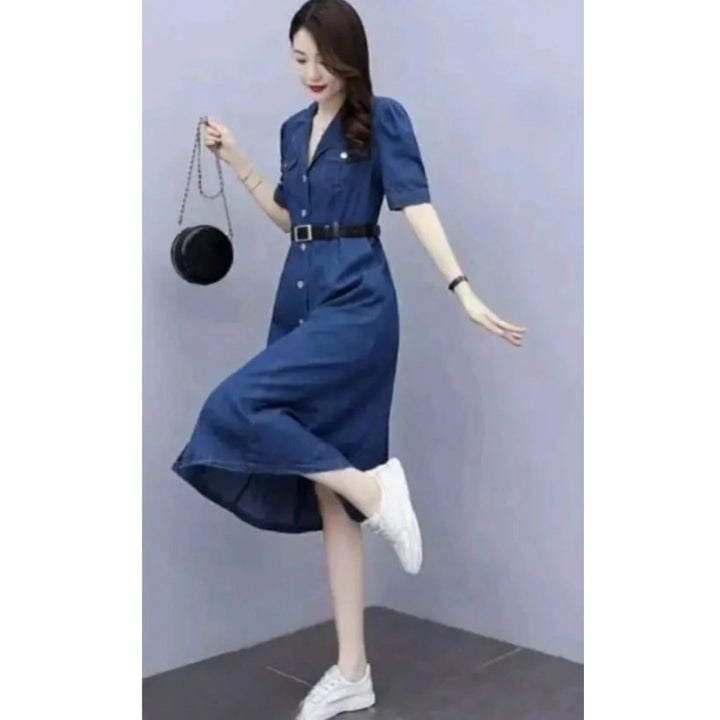 Generic Women's Casual Denim Half Sleeves Dress (Blue)