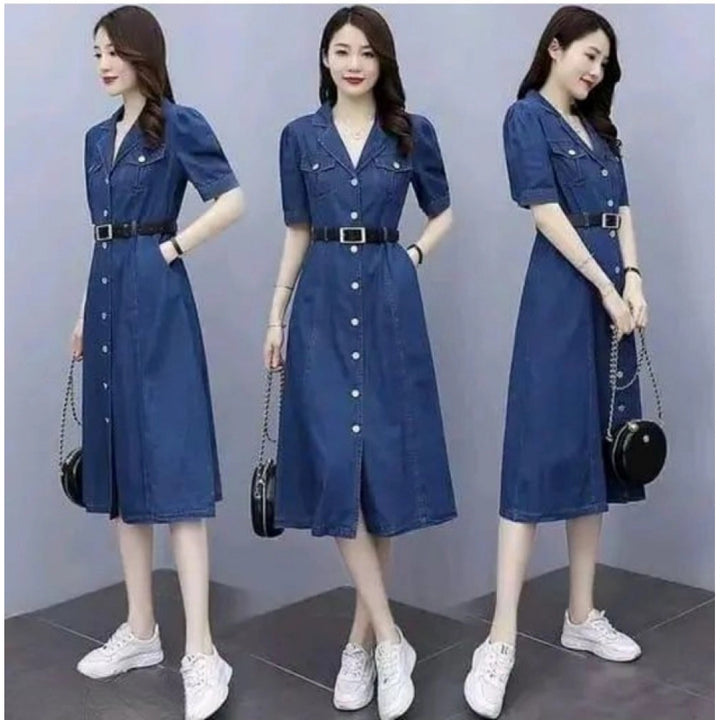 Generic Women's Casual Denim Half Sleeves Dress (Blue)