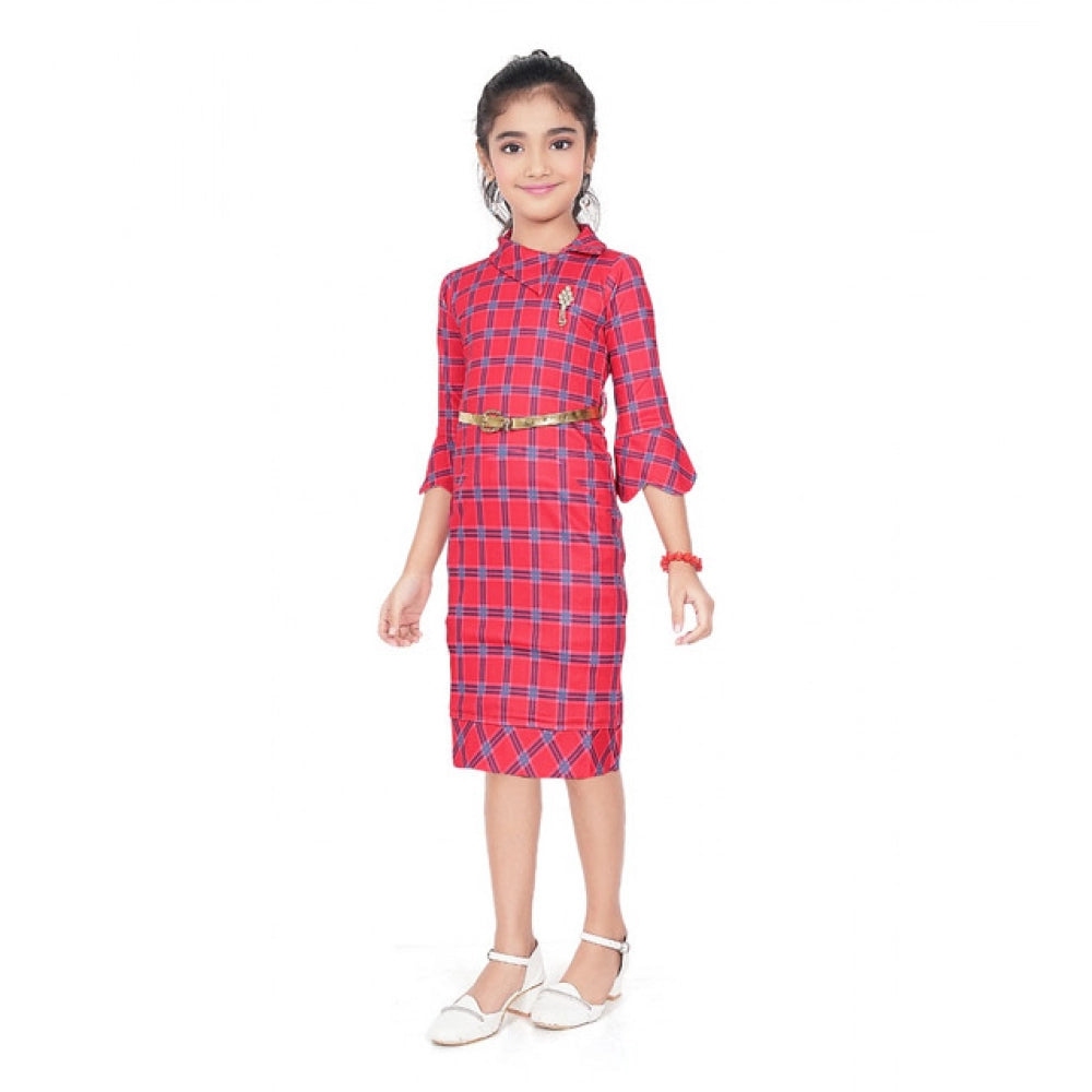 Generic Girl's Knitted Printed 3/4 th Sleeve Close Neck Dress (Pink)