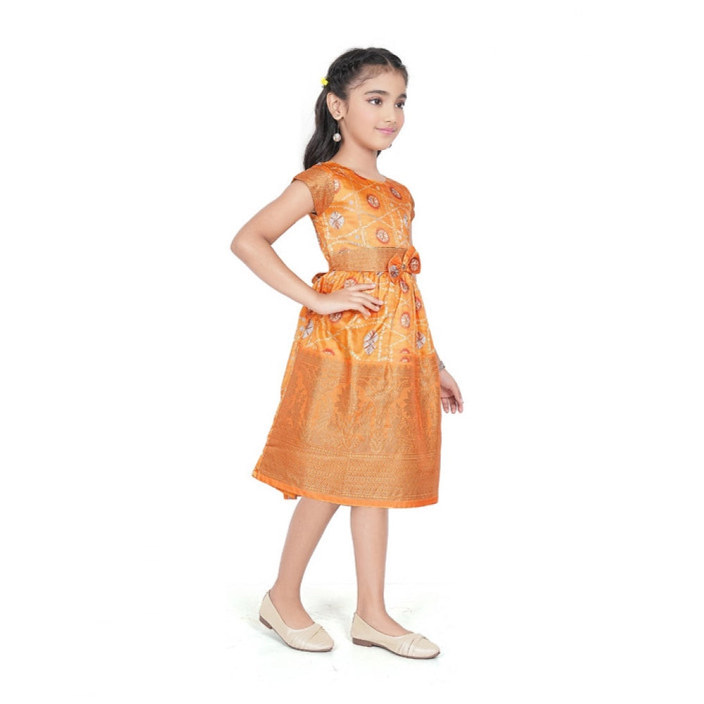 Generic Girl's Brocket Silk Printed Short Sleeve Round Neck Dress (Orange)