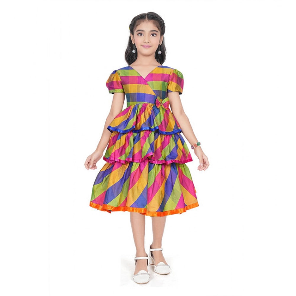 Generic Girl's Taffeta Silk Striped Short Sleeve V Neck Dress (Multicolor)
