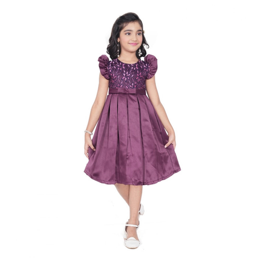 Generic Girl's Satin Printed Sleeve Less Round Neck Dress (Purple)