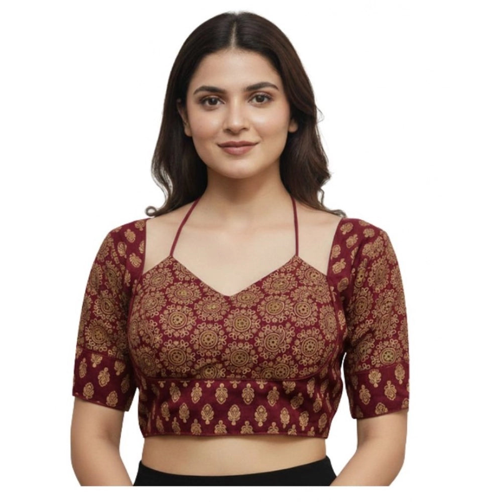 Generic Women's Ajrakh Cotton Printed Sweetheart Padded Blouse (Maroon 38 Ready (Self Alterable 36–40)