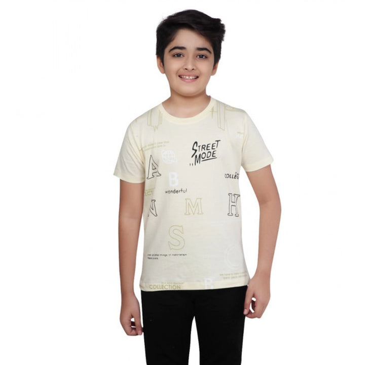 Generic Boy's Cotton Grapic Printed Round Neck T-Shirt (Beige )