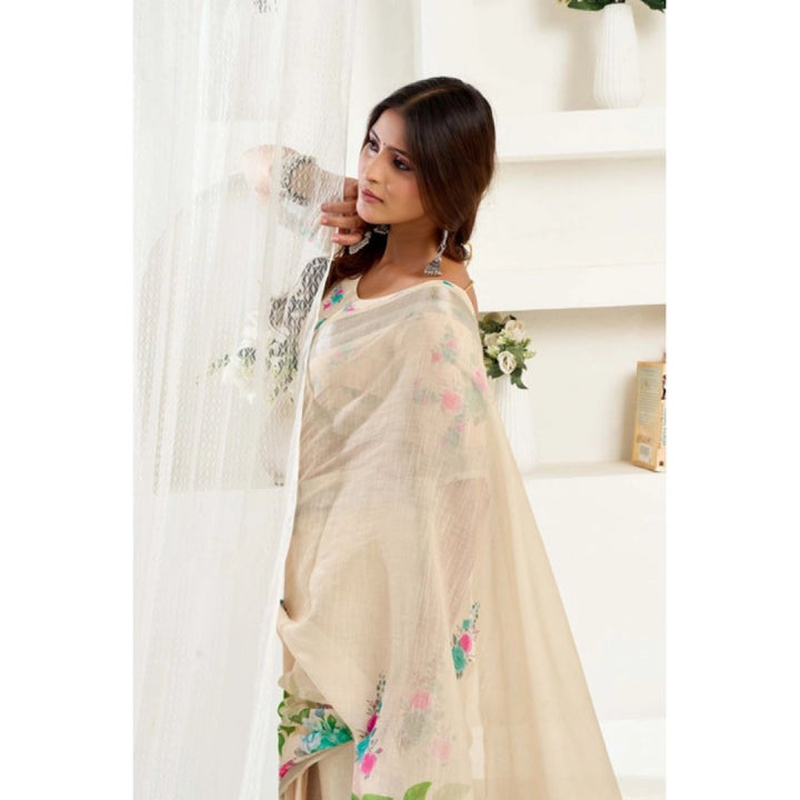 Generic Women's Linen Cotton Printed Ready To Wear Saree With Unstitched Blouse 5.5 Mtr (Light_Beige)