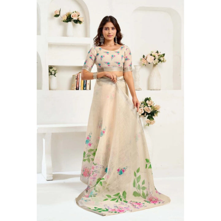 Generic Women's Linen Cotton Printed Ready To Wear Saree With Unstitched Blouse 5.5 Mtr (Light_Beige)
