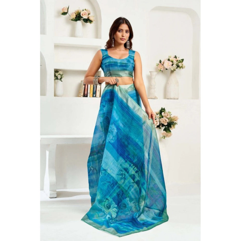 Generic Women's Linen Cotton Printed Ready To Wear Saree With Unstitched Blouse 5.5 Mtr (Blue)