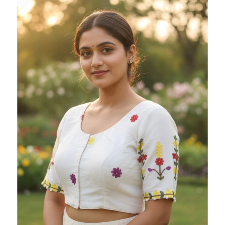 Generic Women's Cambric Cotton Round Neck Padded Blouse (White, 38 Ready Size (Self-Alterable 36–40)