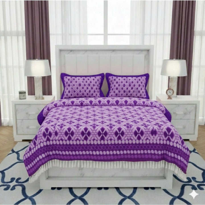 Generic Fleece Geometric Double Polar Warm Bedsheet with 2 Pillow Cover (Purple)