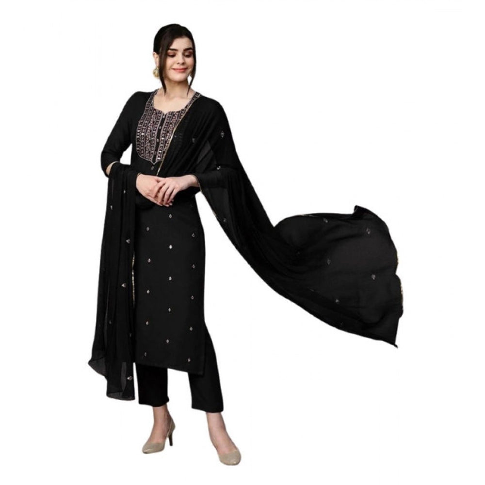 Generic Women's Tesla Silk Embroidered U-Neck Kurti With Pant Dupatta Set (Black)