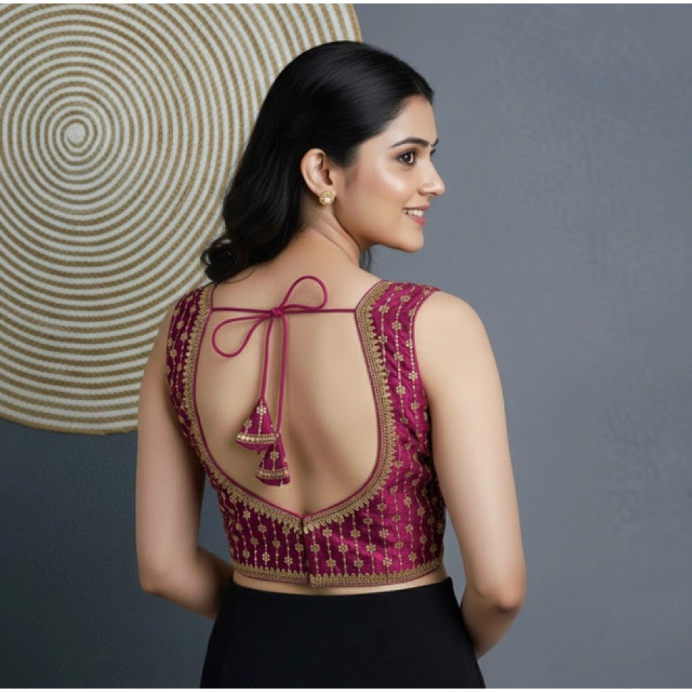 Generic Women's Silk Blend Embroidered V-Neck Non Padded Blouse (Dark Wine 38 Ready (Alterable up to 42)