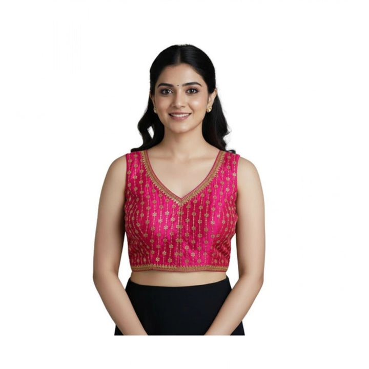 Generic Women's Silk Blend Embroidered V-Neck Non Padded Blouse (Pink 38 Ready (Alterable up to 42)
