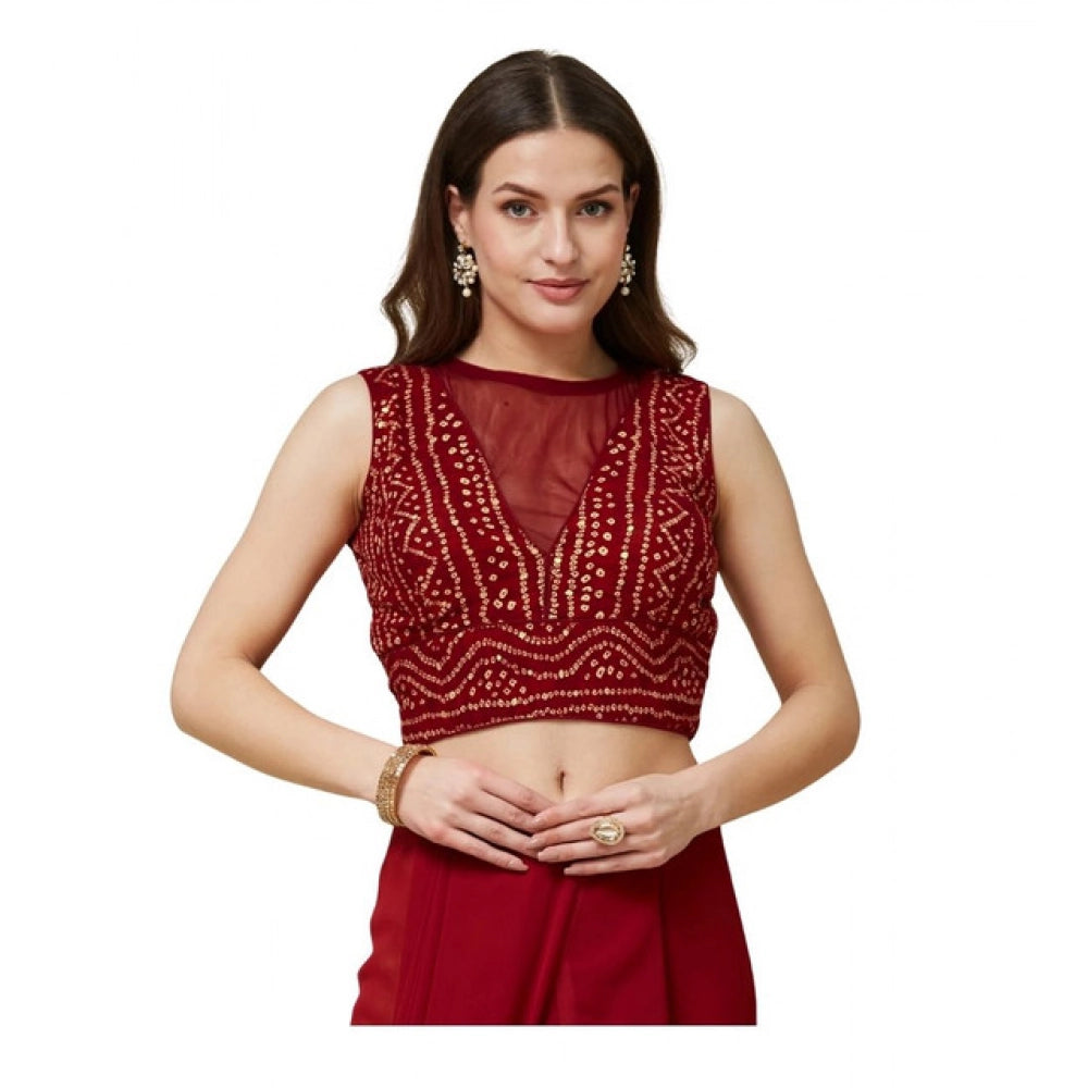 Generic Women's Rayon Cotton Bandhani Printed Halter Neck Non Padded Blouse (Maroon 38 Ready (Alterable up to 42)