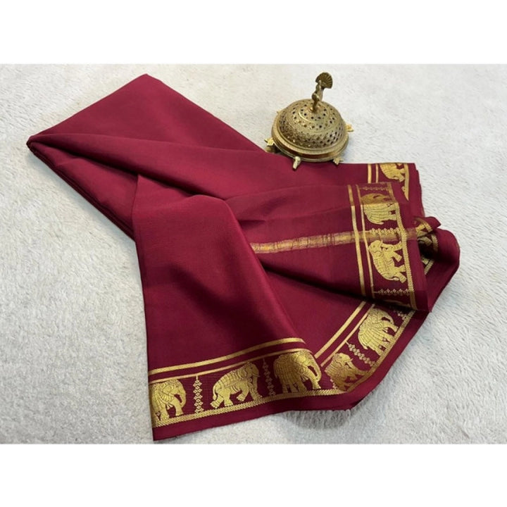 Generic Women's Crepe Chit Pallu Solid Saree With Unstitched Blouse 5.5Mtr (Maroon)