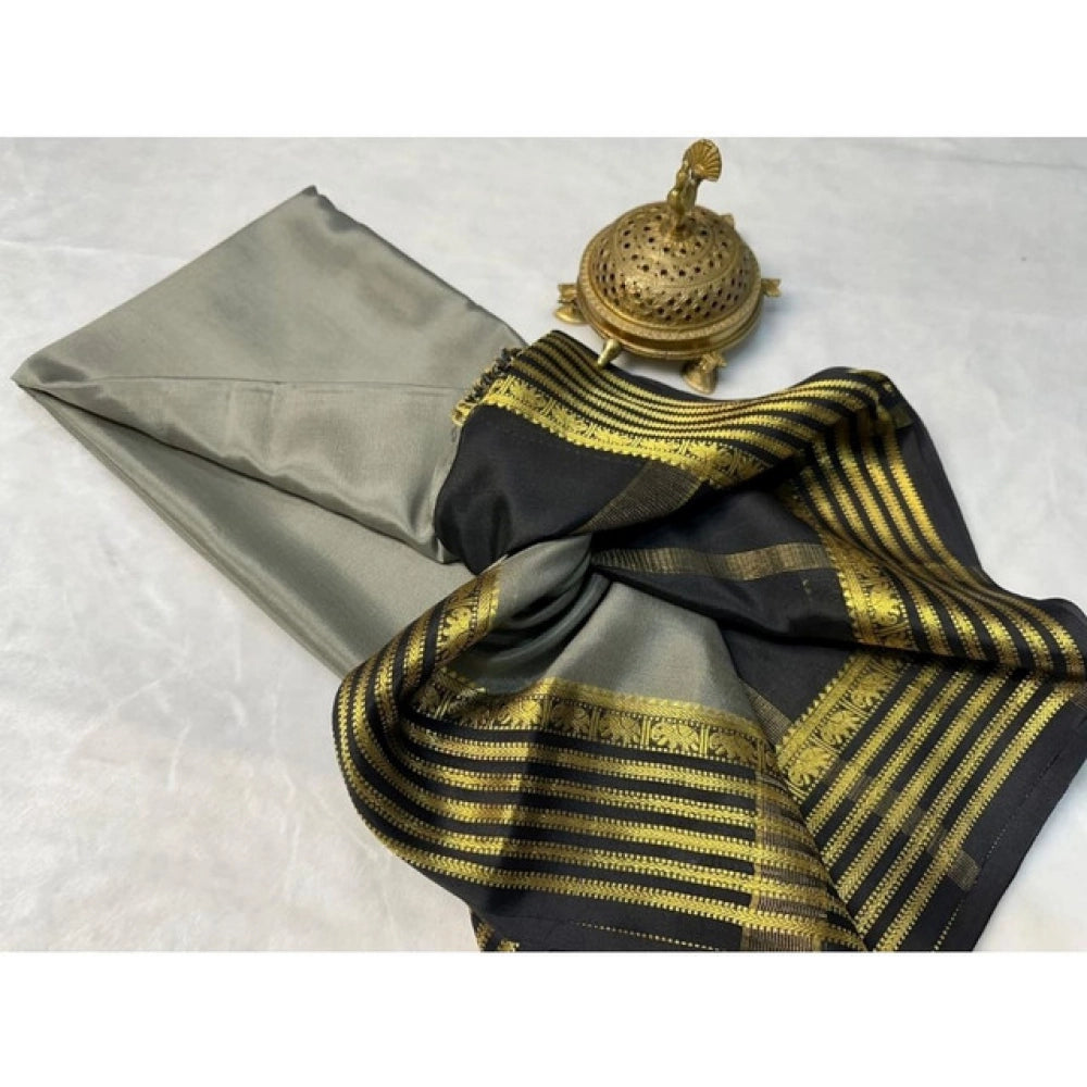 Generic Women's Crepe Chit Pallu Solid Saree With Unstitched Blouse 5.5Mtr (Gray)