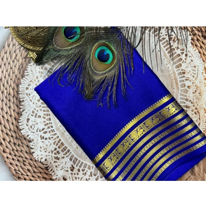 Generic Women's Crepe Chit Pallu Solid Saree With Unstitched Blouse 5.5Mtr (Blue)