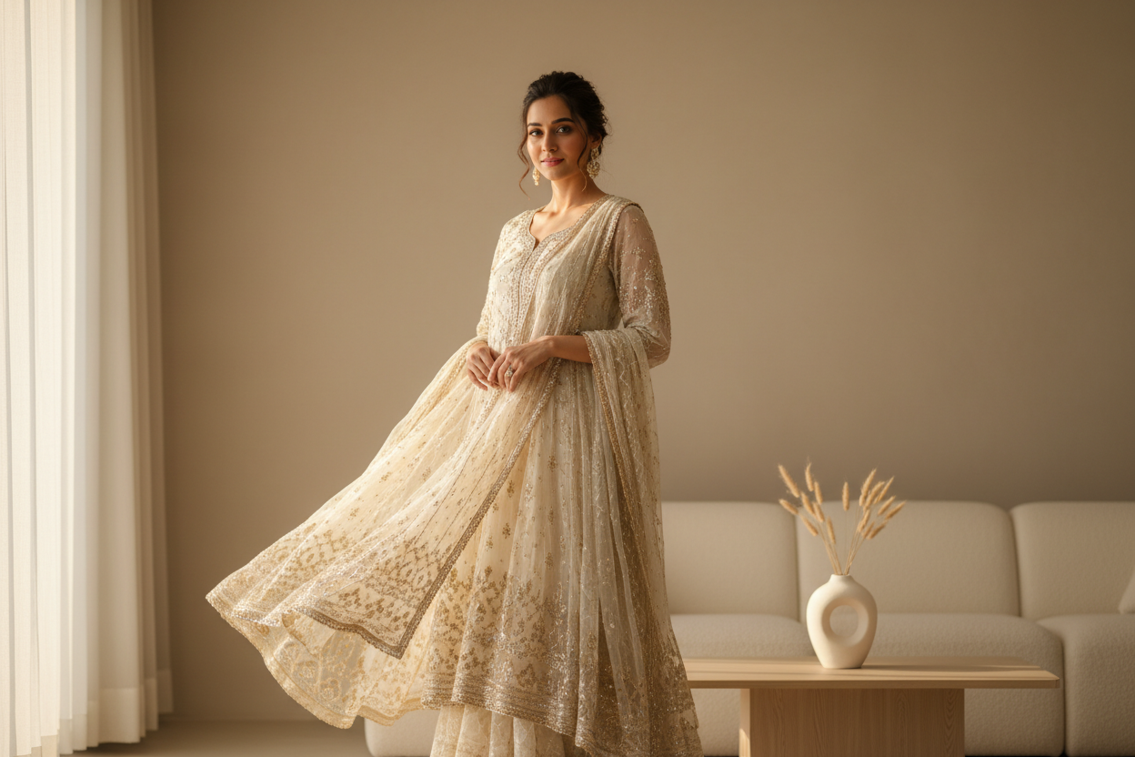 Premium women’s fashion lifestyle banner, stylish Indian woman wearing ethnic kurti in a bright modern home, warm sunlight, elegant and classy mood, soft beige background, minimal decor, wide Shopify hero banner format, professional editorial photography.